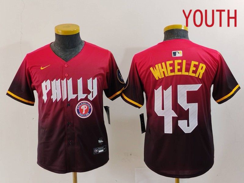 Youth Philadelphia Phillies #45 Wheeler Red City Edition 2024 Nike MLB Jersey style 5